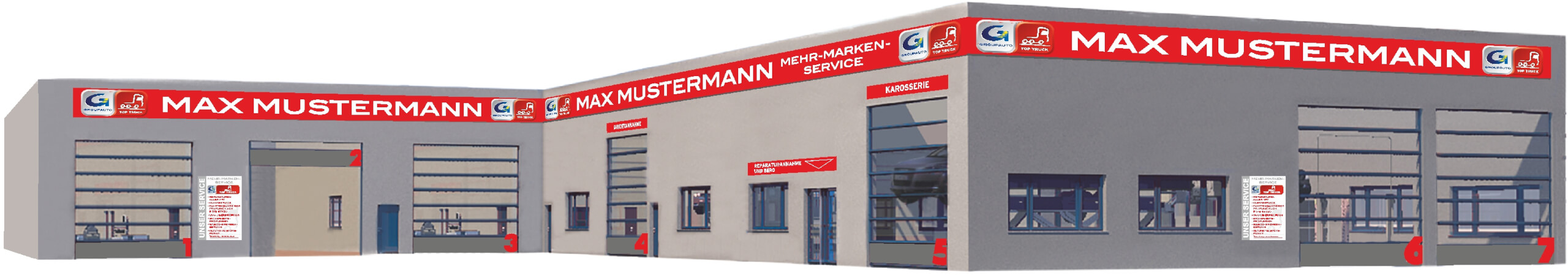 Render-Bild einer NKW-Werkstatt mit kompletter Top Truck Außengestaltung